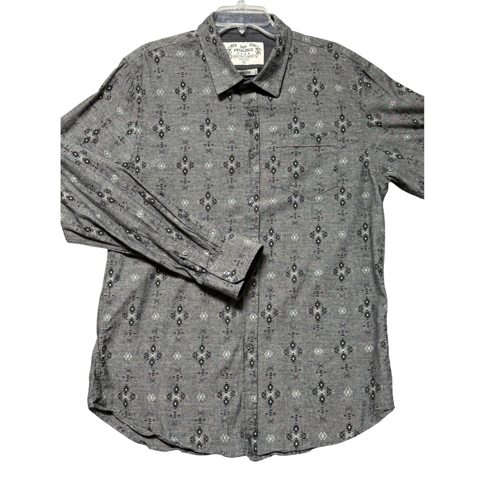 San Francisco Work Shirt Company Mens XL Grey‎ Geometric Tribal Slim Fit Shirt